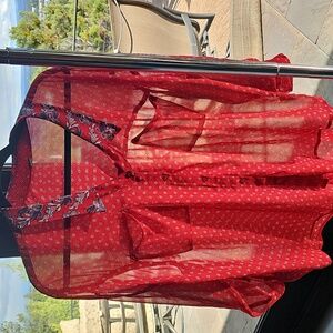 Free People Large Red Paisley sheer Long Sleeve Button Down Blouse Women's Top